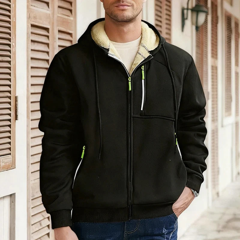 Men's thick, warm black fleece-lined zip-up hoodie