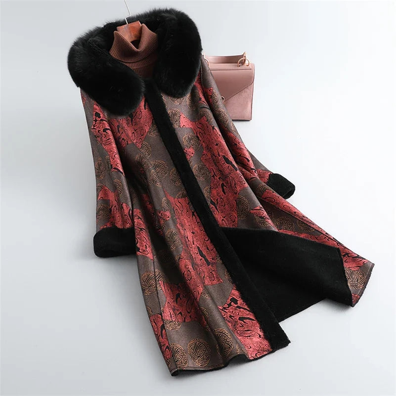 Women's Long Printed Coat with Black Fur-Look Collar and Trim