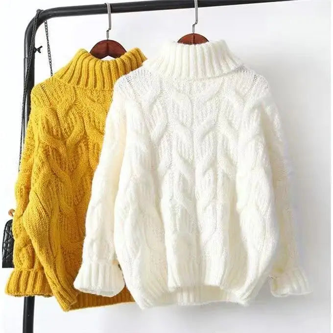 Women's Thick Cable-Knit Turtleneck Sweater in Yellow