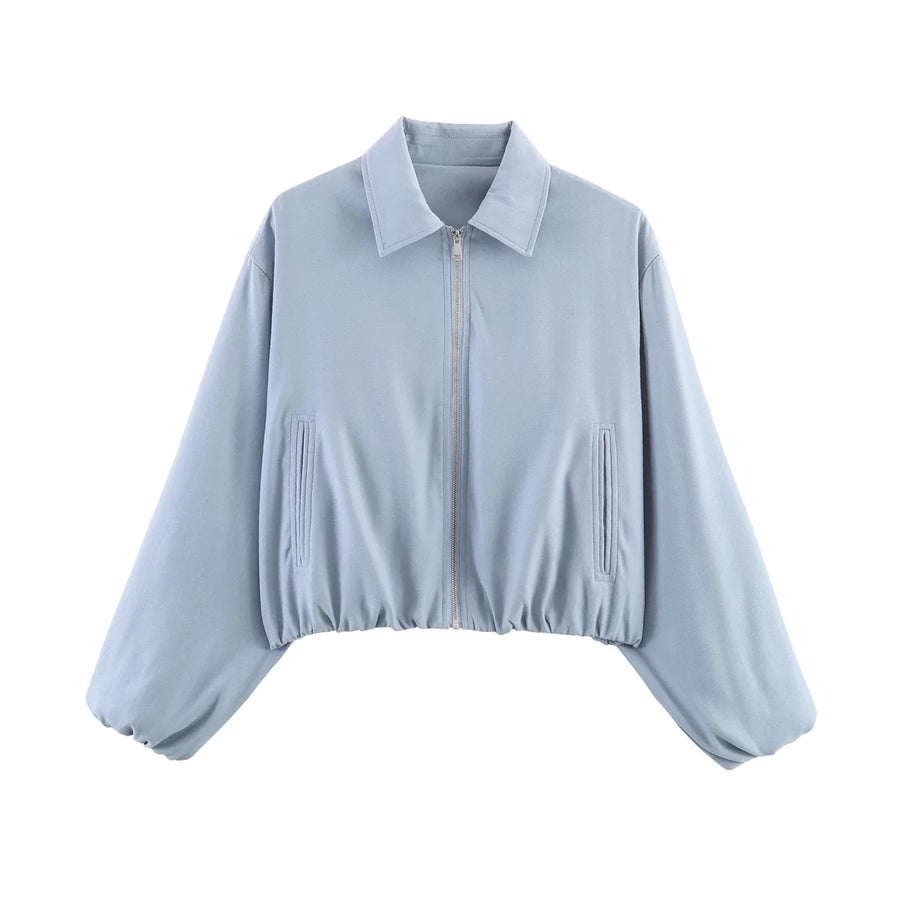 Women's Plain Short Women's Jacket with Zipper and Classic Collar