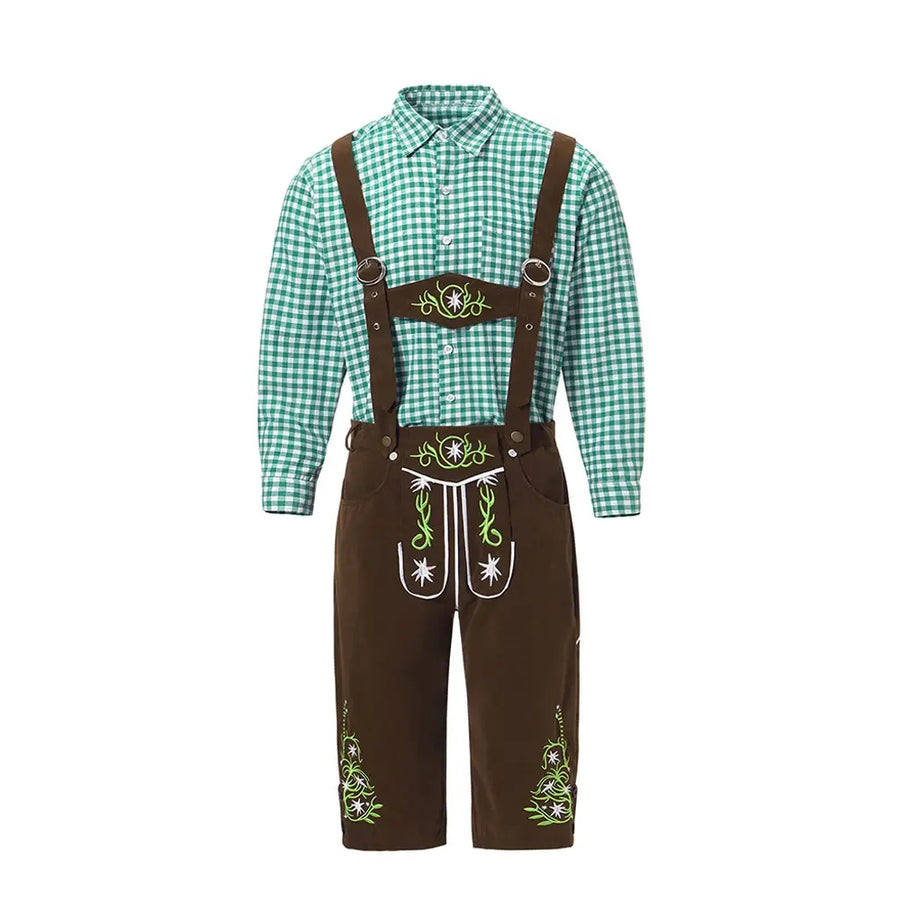 Completo da uomo in pelle con pantaloni corti tradizionali verdi a quadri e marroni ricamati oppure neri ricamati