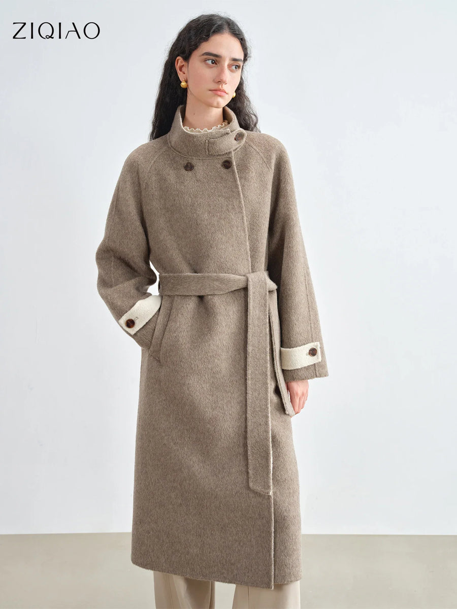 Manteau long femme taupe ceinturé col montant double boutonnage