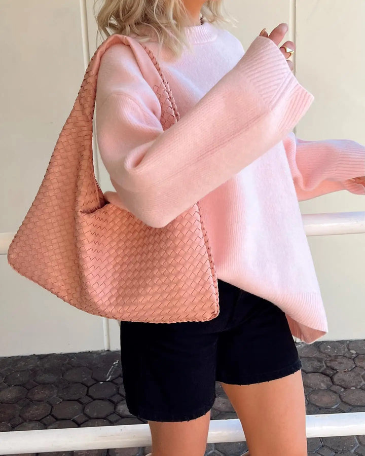 Pale Pink Loose-Fit Long-Sleeve Sweater with Round Neck