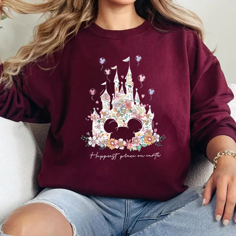Sudadera de mujer de cuello redondo con estampado floral del castillo «Happiest Place», blanca