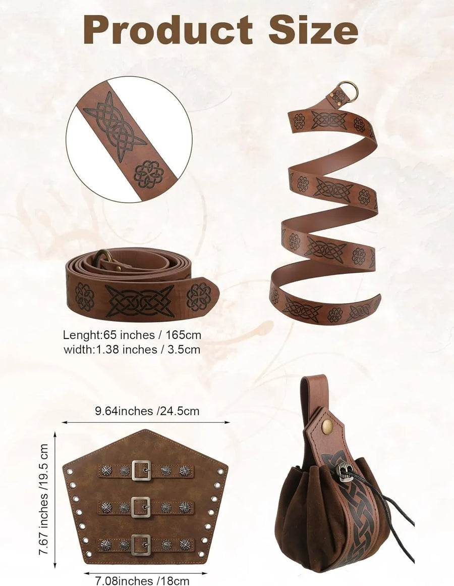 Costume medievale completo da uomo: giacca stringata, camicia, pantaloni, cintura e bracciale da polso