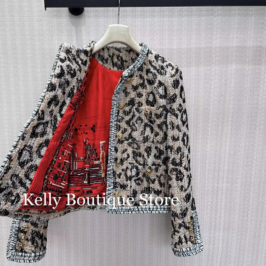 Veste Femme Tissu Texturé Imprimé Léopard Col Rond Boutons Dorés