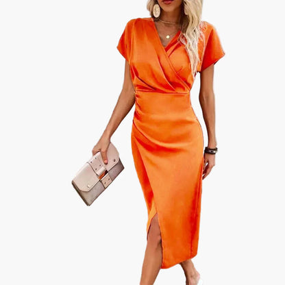 Robe Midi Élégante à Manches Courtes pour Femme Style Croisé Décontracté Idéale pour Soirée ou Bureau