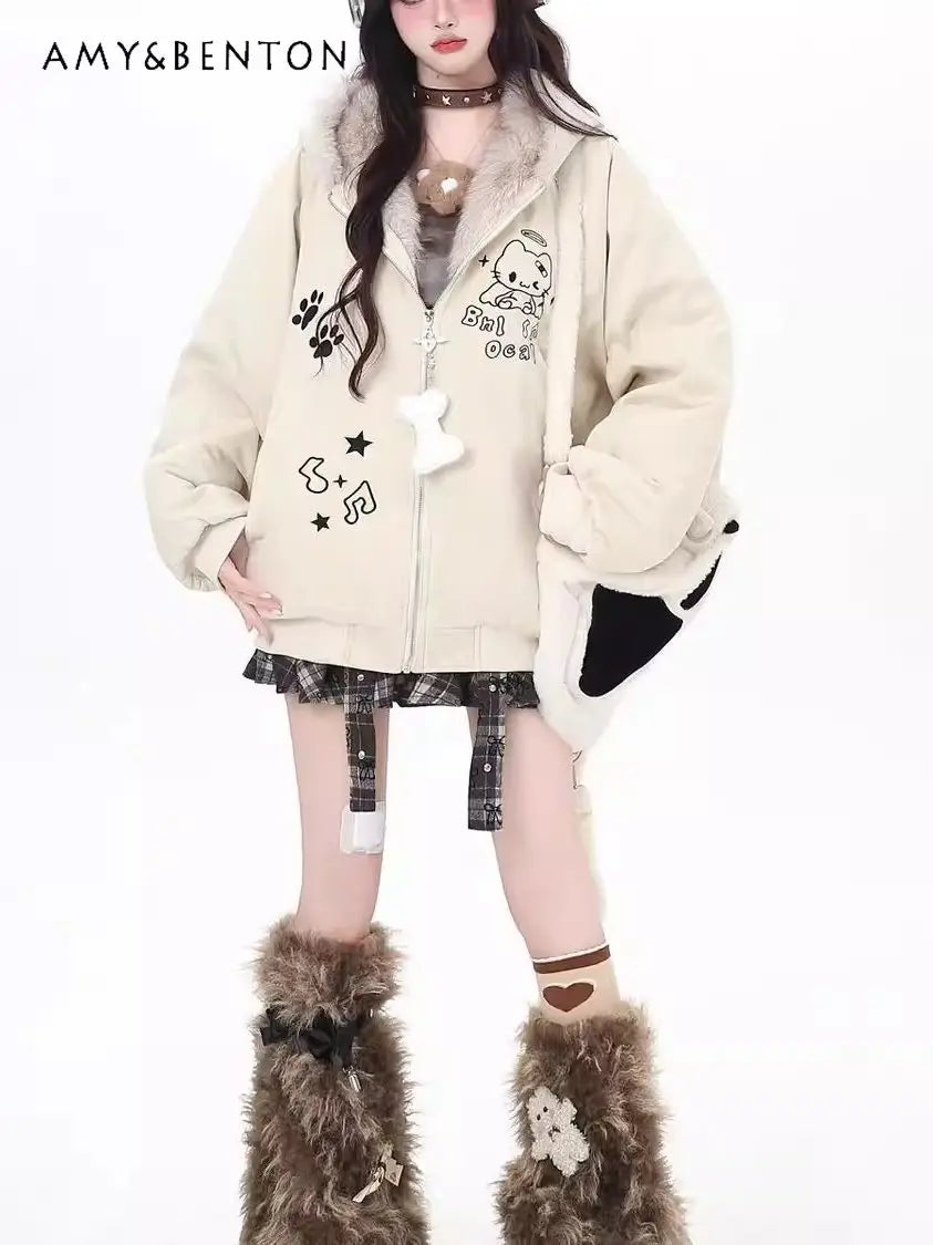 Damenkapuzenjacke mit Katzenohren und Kunstpelzbesatz