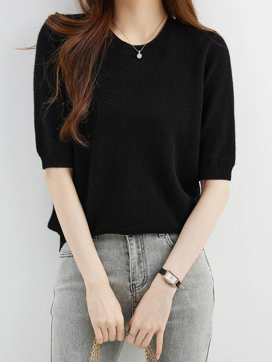 Women's Short-Sleeve Solid-Color Knit Crew-Neck Top