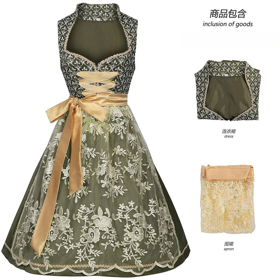 Robe Dirndl Traditionnelle Femme Vert Olive avec Nœud Doré et Broderies Florales