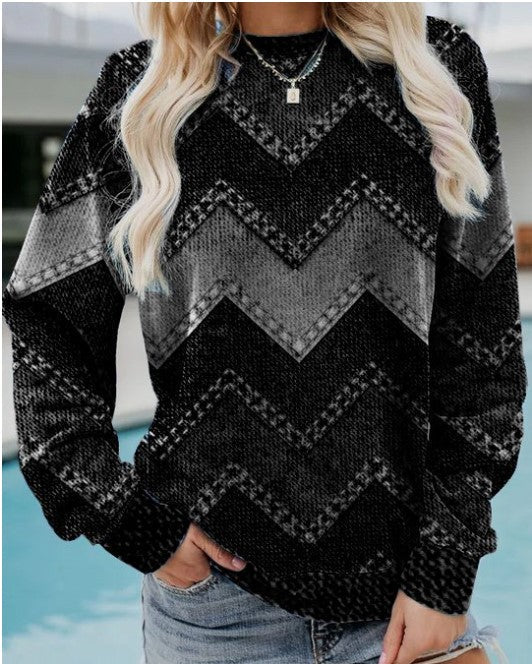 Sweatshirt Femme Imprimé Chevron Effet Denim Coupe Ample Manches Longues Col Rond