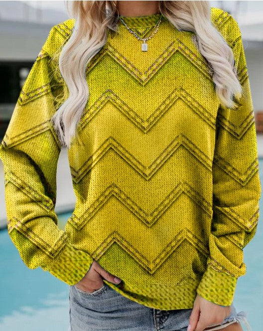 Sweatshirt Femme Imprimé Chevron Effet Denim Coupe Ample Manches Longues Col Rond