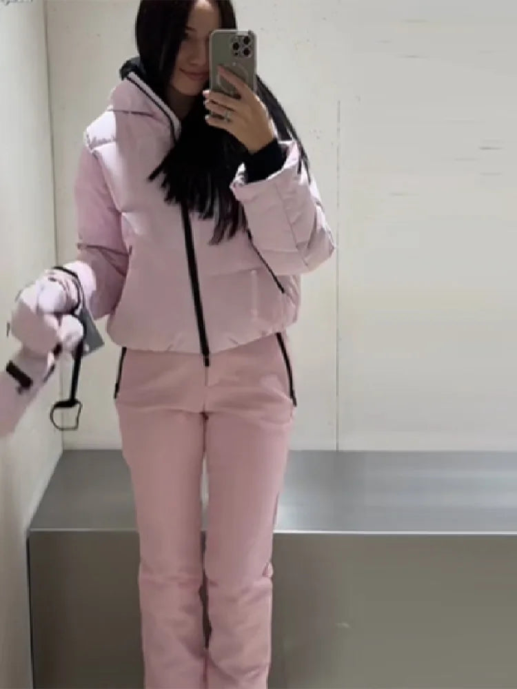 Women's pink ski suit - cropped puffer jacket and slim pants with zippers