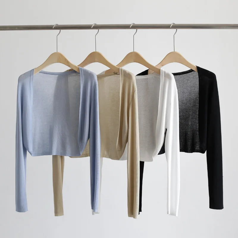 Gilet bolero corto da donna, leggero, tinta unita, aperto, a maniche lunghe