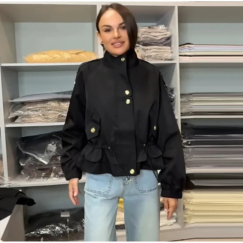 Giacca bomber corta da donna con cappuccio e vita regolabile