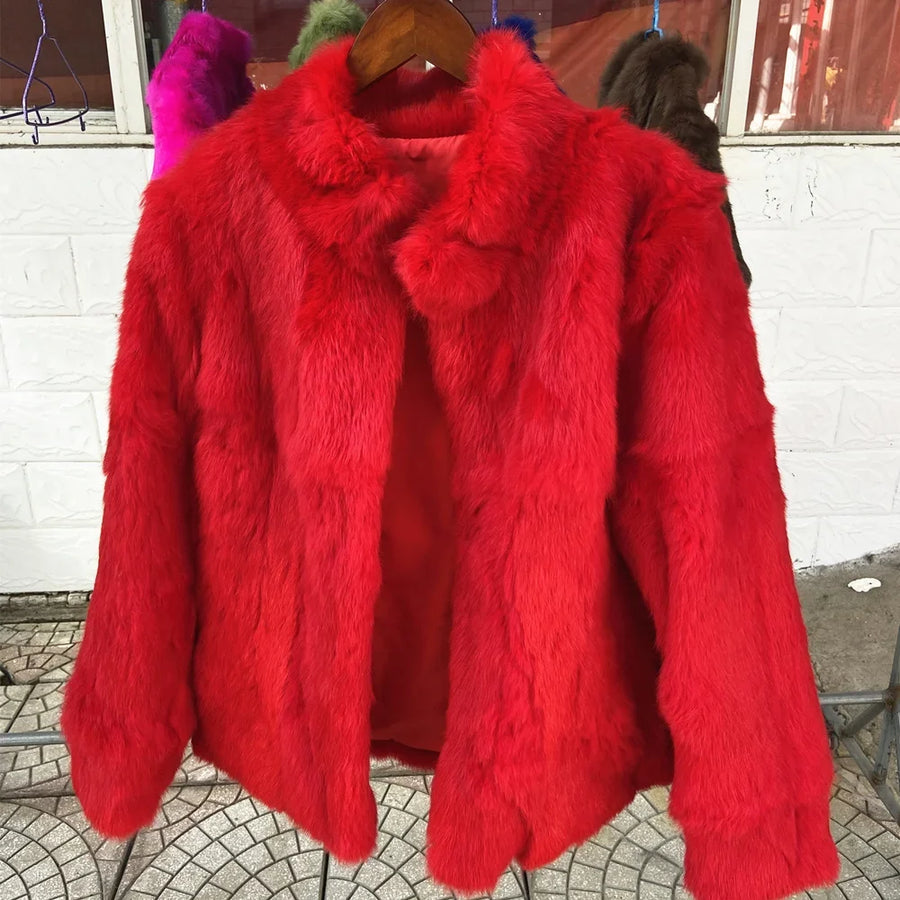 Veste courte femme en fourrure synthétique élégante, col montant, manches longues