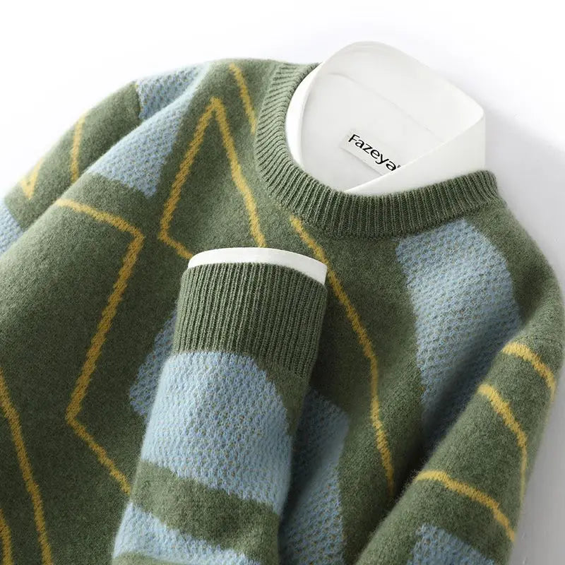 Męski sweter z dzianiny w romby, okrągły dekolt, długie rękawy