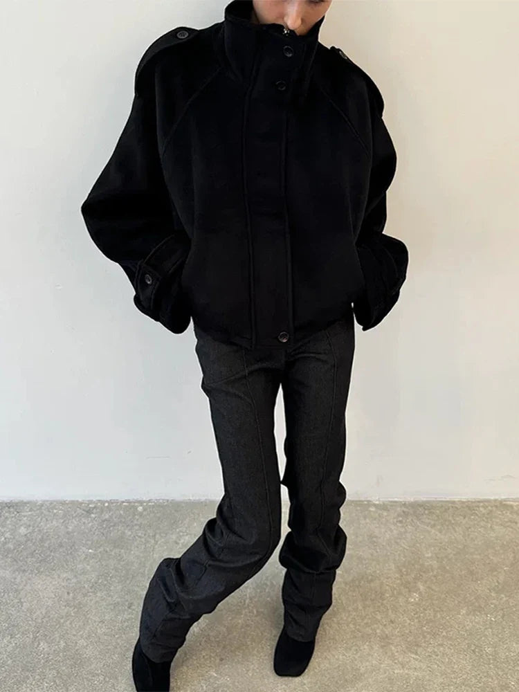 Veste courte ample à col montant pour femme, gris foncé, coupe oversize