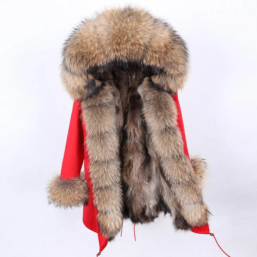 Parka invernale da donna con cappuccio, pelliccia rosa e fodera calda