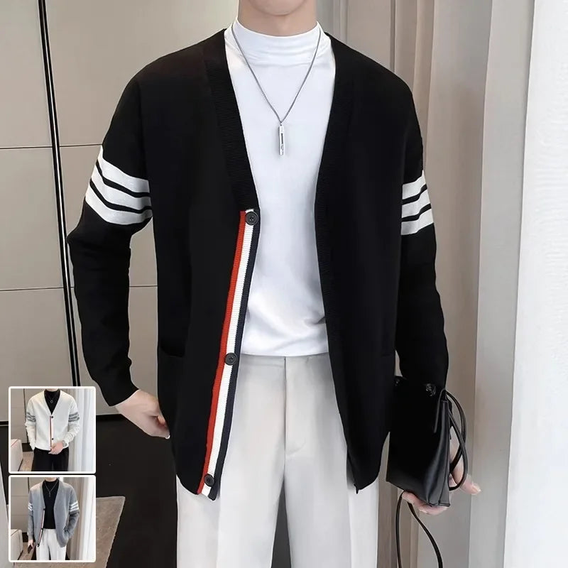 Men's button-up V-neck cardigan with sleeve stripes and tricolor details