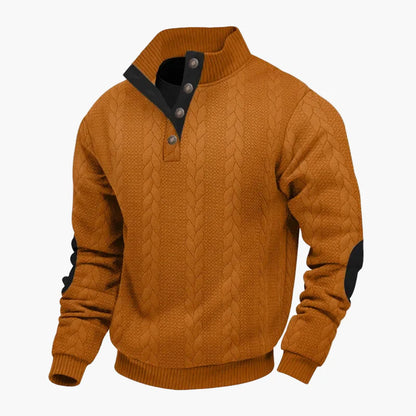 Sweter męski z guzikami i wysokim kołnierzem w warkoczowym stylu, casual chic i wygodny