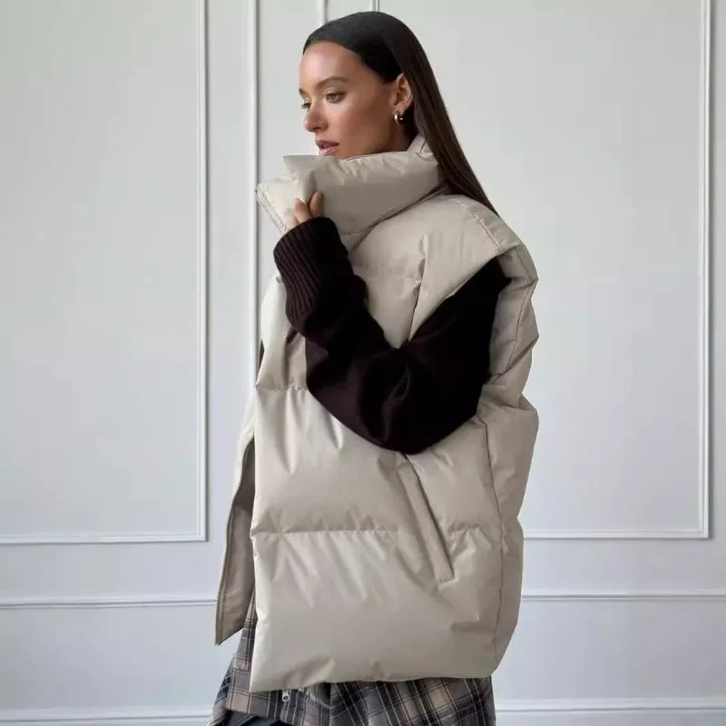 Gilet piumino da donna senza maniche, imbottito, con collo alto, grigio