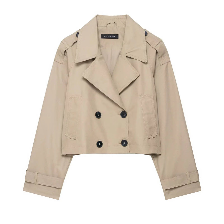 Kort trenchcoat til dame med dobbeltspent lukking og lange ermer, beige eller brun