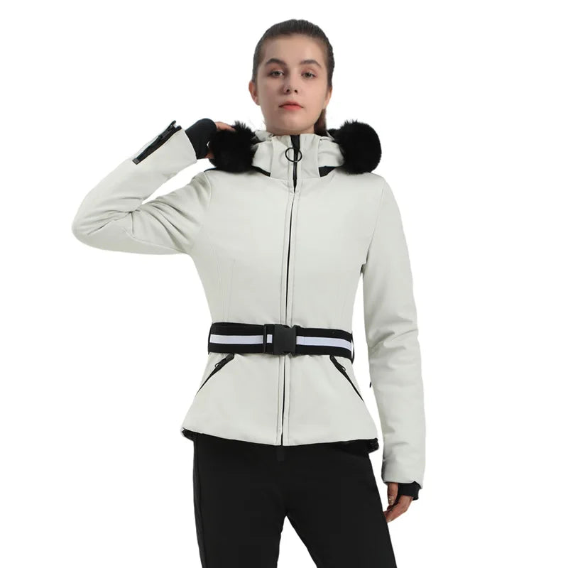Veste de Ski Femme Motif Pied-de-Poule Noir et Beige avec Capuche et Ceinture