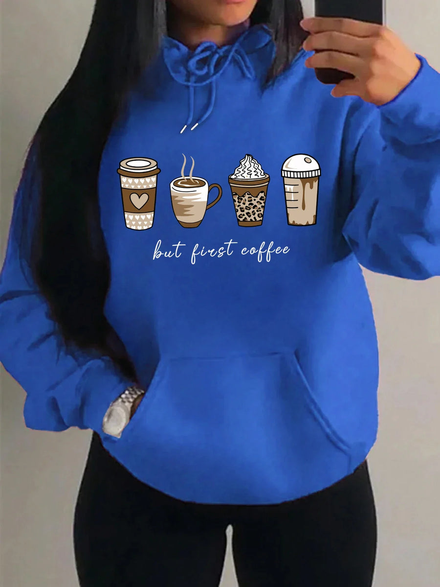 Hættetrøje til kvinder med kaffekopmotiv og teksten "But First Coffee"