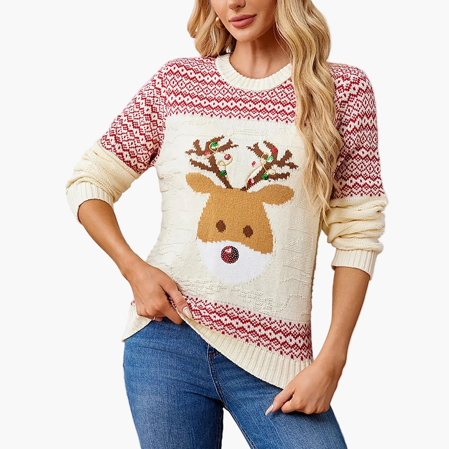 Damen-Weihnachtspullover mit skandinavischen Mustern und langen Ärmeln, festlicher Stil für Winter und Feste
