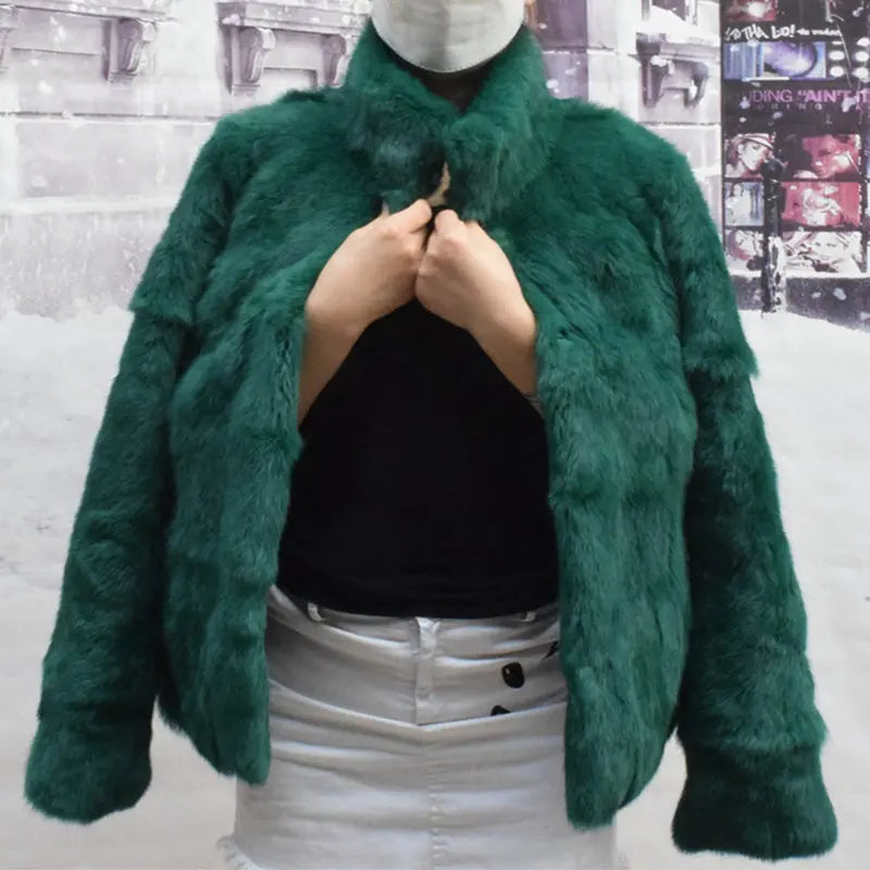 Veste courte femme en fourrure synthétique élégante, col montant, manches longues