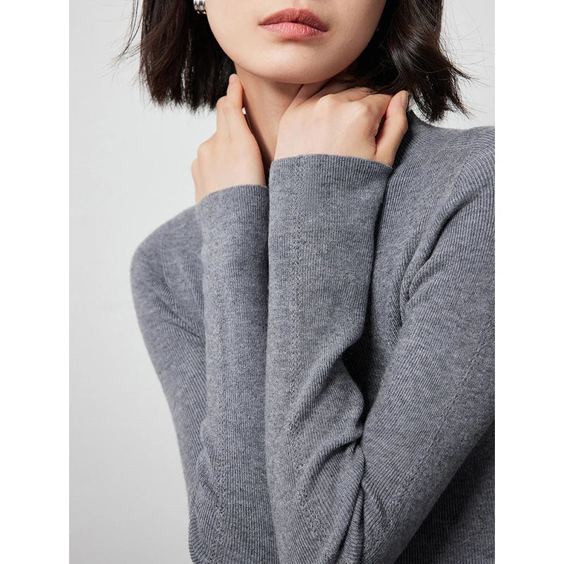 Pull fin femme manches longues col montant côtelé décontracté