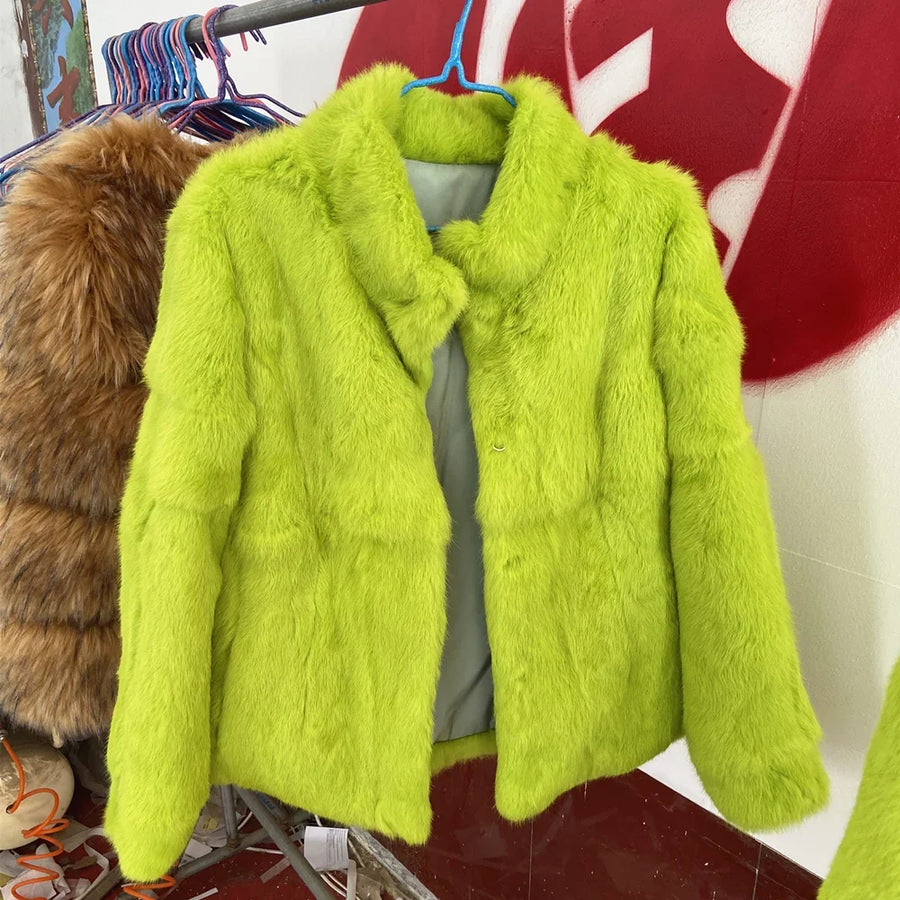 Veste courte femme en fourrure synthétique élégante, col montant, manches longues