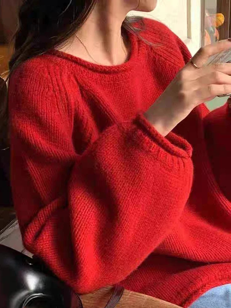 Pull ample à manches raglan et col rond en maille côtelée pour femme