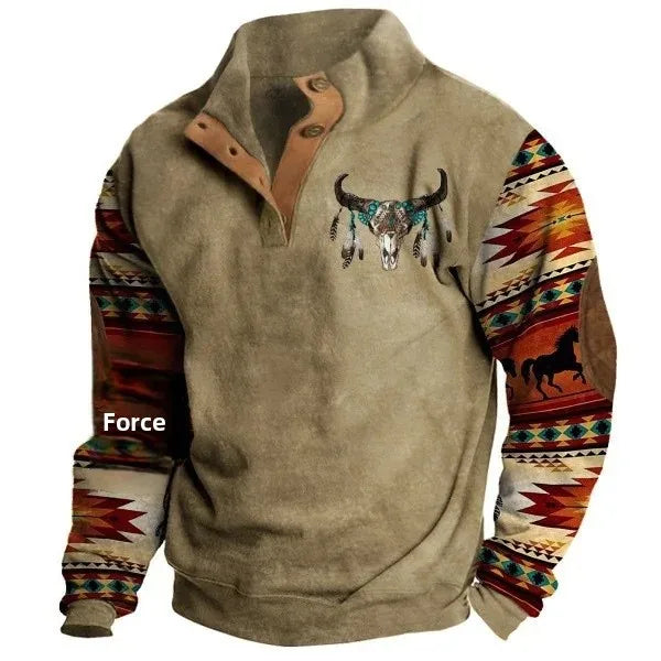 Maglione Uomo Stile Western Vintage con Stampa Etnica e Collo Alto – Casual e alla Moda