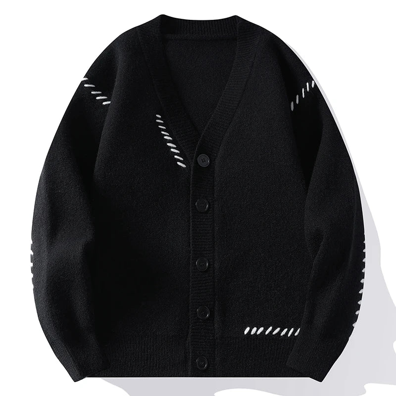 Cardigan informal de punto para hombre, verde oscuro, con cuello de pico, botones y motivos de punto