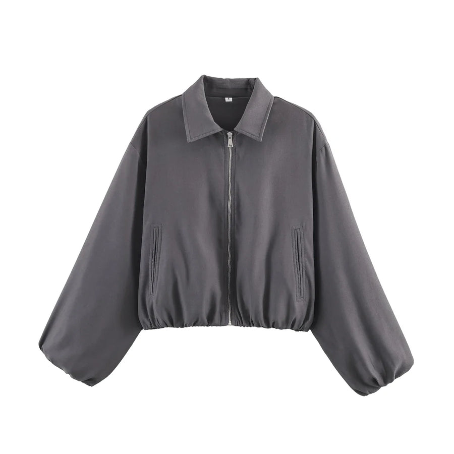 Women's Plain Short Women's Jacket with Zipper and Classic Collar