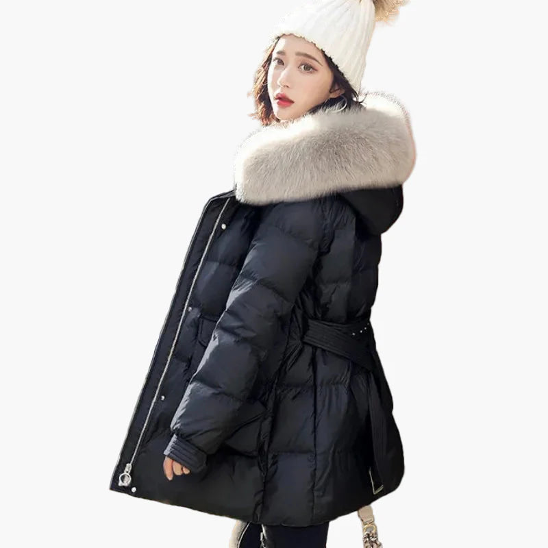 Cappotto piumino donna con cappuccio e collo in pelliccia stile urbano inverno caldo