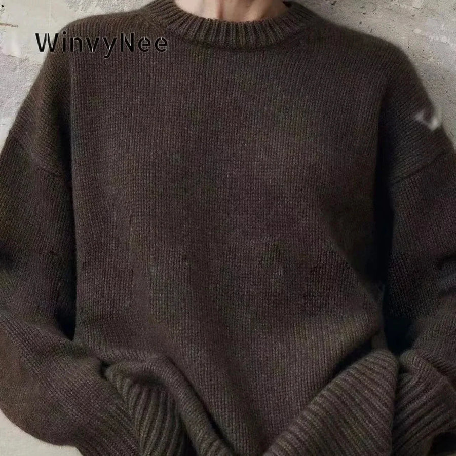 Luźny damski sweter z dzianiny z okrągłym dekoltem, brązowy