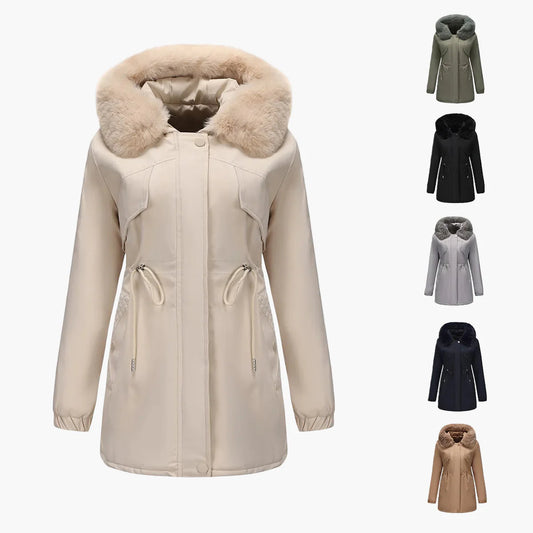 Cappotto invernale con cappuccio da donna, stile elegante con collo in pelliccia sintetica