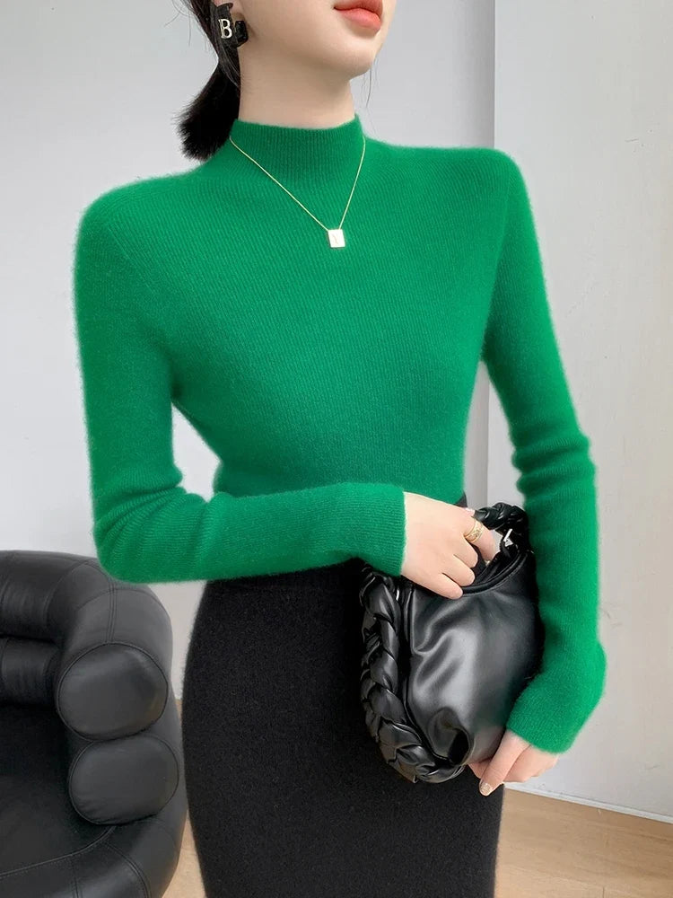 Pull col montant côtelé doux à manches longues pour femme