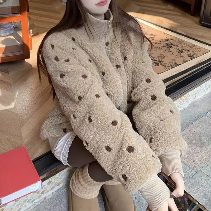 Veste en molleton femme beige à pois marron, col montant zippé