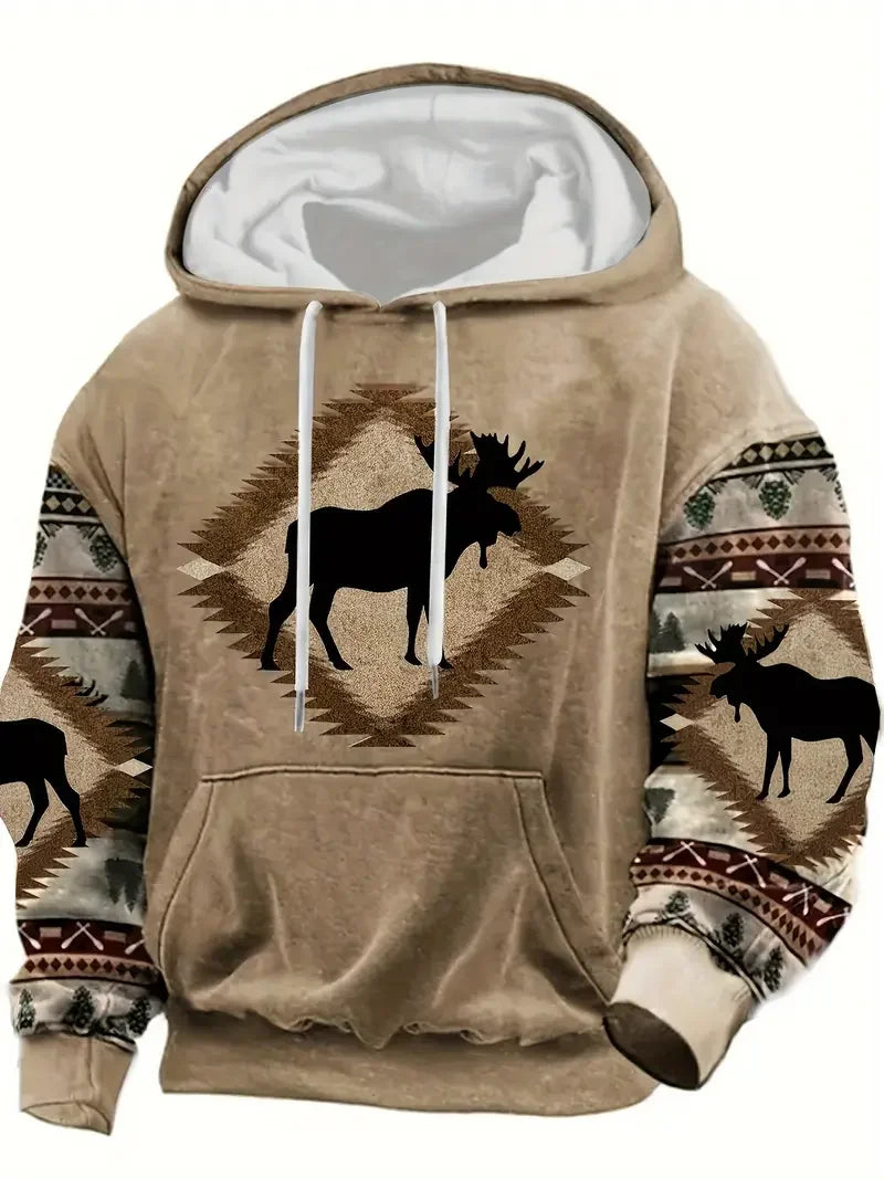 Sweat à Capuche Homme Motif Crâne de Taureau Tribal Vert Kaki