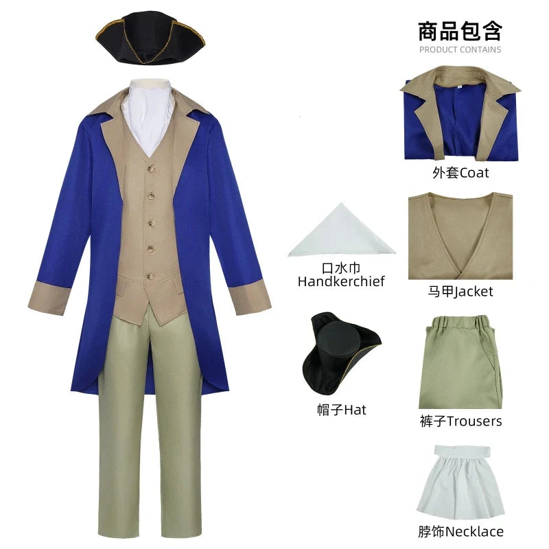 Historisches Herren­kostüm in Blau und Beige mit Dreispitz und Weste