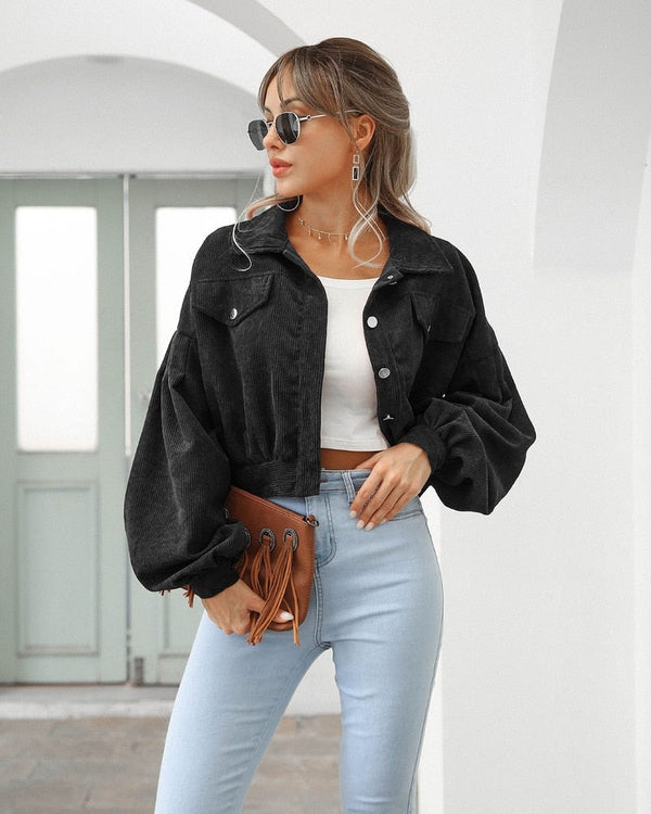 Veste courte femme côtelée avec manches bouffantes