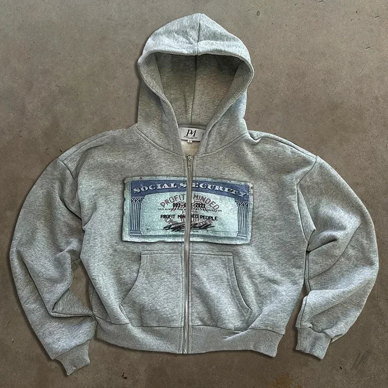 Sweat à Capuche Zippé Court Imprimé Type "Social Security"