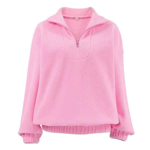 Damen-Fleecepullover in Rosa mit Stehkragen, Reißverschluss und langen Ärmeln