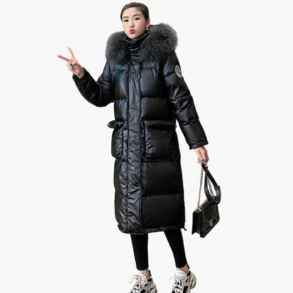 Abrigo acolchado largo para mujer estilo urbano chic con capucha de piel – Ideal para el invierno
