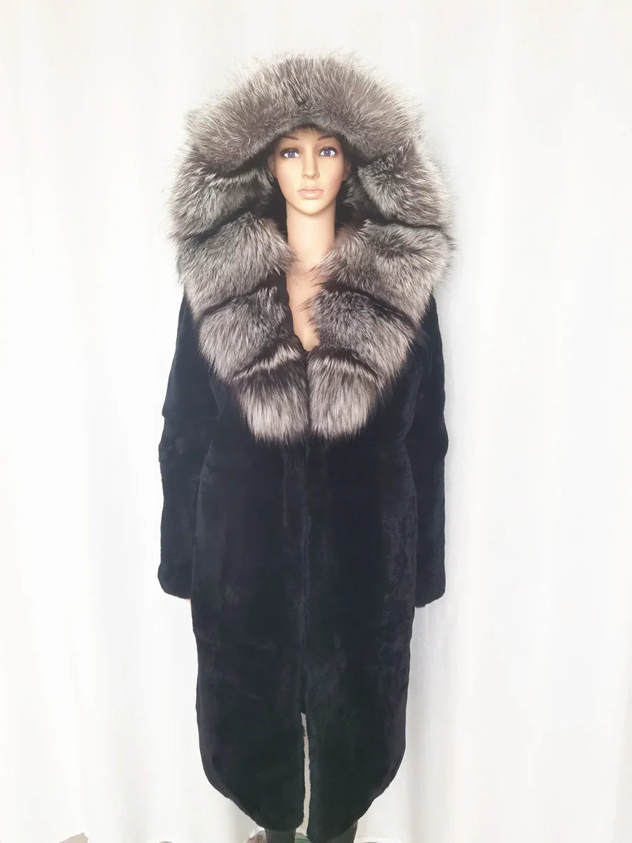 Manteau à capuche en fausse fourrure bicolore style luxe pour femme