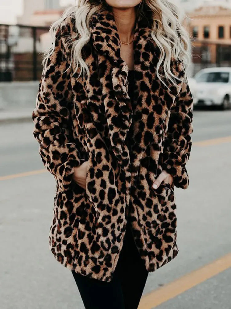 Women's Soft Leopard-Print Coat with Wide Collar